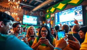 Engaging scene showcasing sports betting Brazil with fans excitedly checking their betting apps.