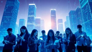 Explore Technology through diverse individuals collaborating with modern devices in a futuristic city.