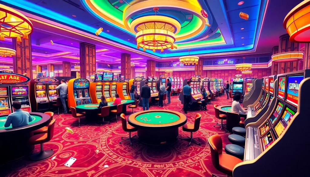 A lively casino scene showcasing tables, cards, and KJC AC 3 promotional elements for an immersive gambling experience.