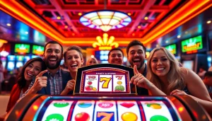 Mainkan slot online yang menarik dalam suasana kasino yang ramai.