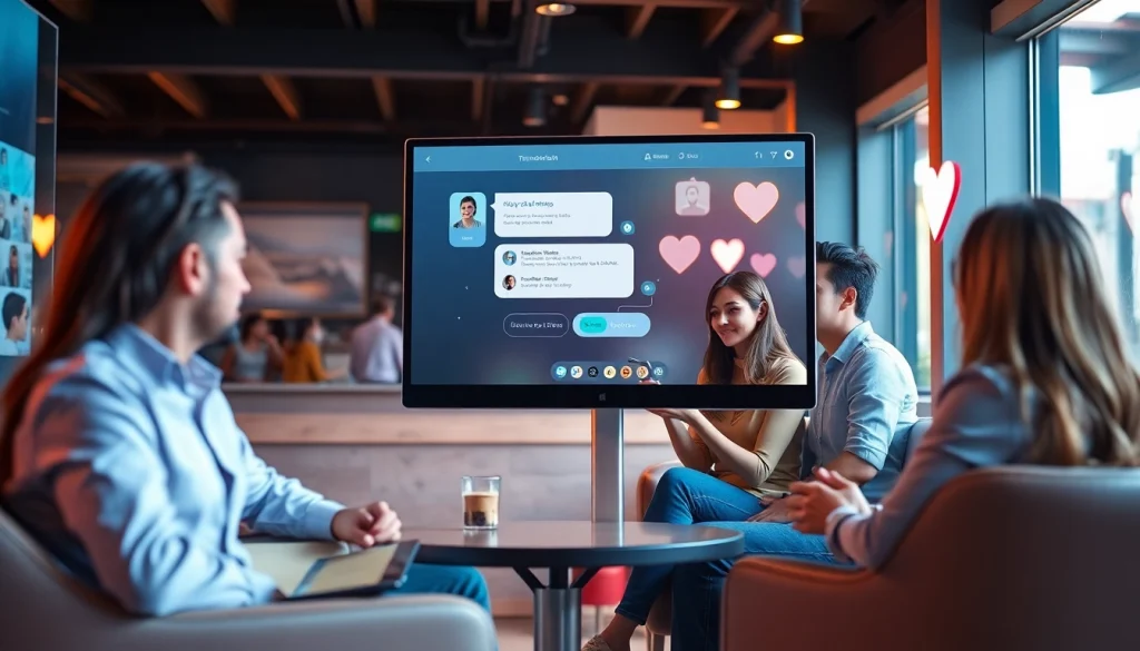 Engaging with a sex AI chatbot in a modern lounge environment with diverse users.