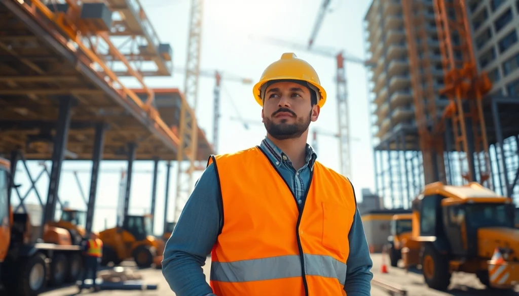 New Jersey Construction Manager overseeing a construction site with cranes and workers.