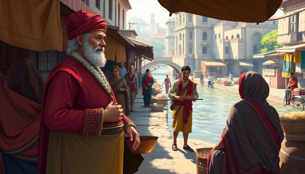 Job Charnock depicted as the founder kolkata engaging in lively market discussions.