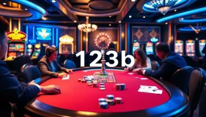 Engaged players at a lively casino table with a focus on 123b's vibrant gambling experience.