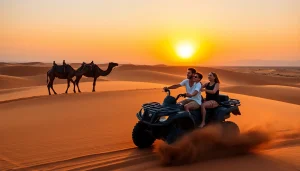 Marrakech camel ride and quad biking adventure at sunset in Agafay Desert.