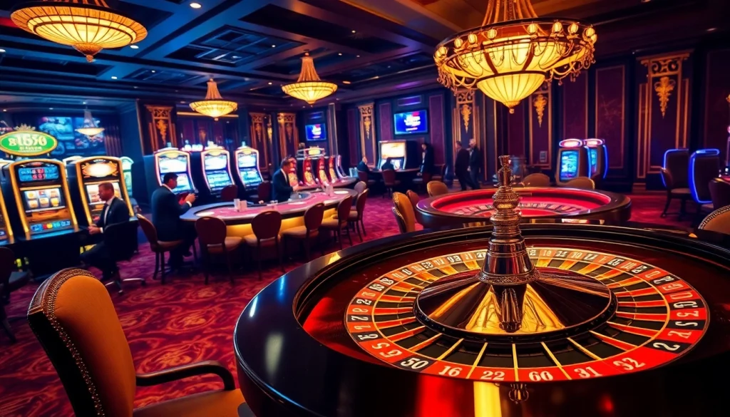 Experience the excitement of rr88 with a glamorous casino scene showcasing roulette, poker, and slot machines.