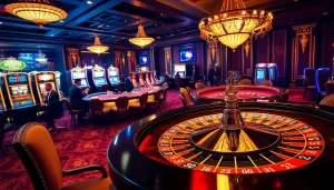 Experience the excitement of rr88 with a glamorous casino scene showcasing roulette, poker, and slot machines.