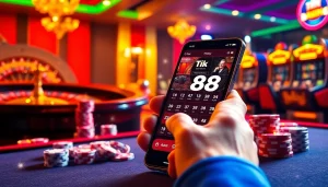 Trải nghiệm người chơi Tik 88 trên điện thoại thông minh sang trọng giữa một casino sôi động.