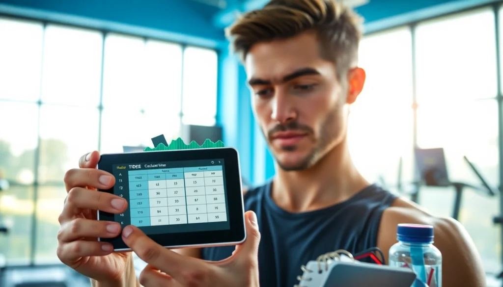 Calculate your Total Daily Energy Expenditure using the TDEE calculator on a sleek device in a modern gym.