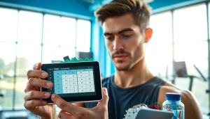 Calculate your Total Daily Energy Expenditure using the TDEE calculator on a sleek device in a modern gym.