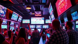 Engaged fans enjoying sports betting California in a lively bar setting while placing bets.
