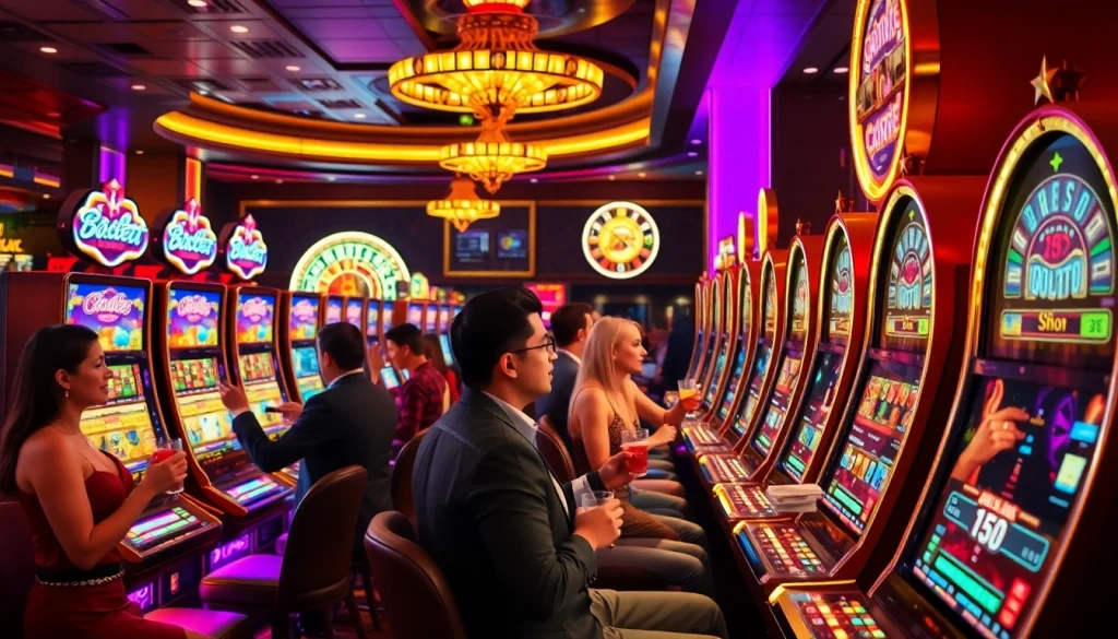 Excited players enjoying Slot Online Terpercaya in a vibrant casino filled with colorful lights.