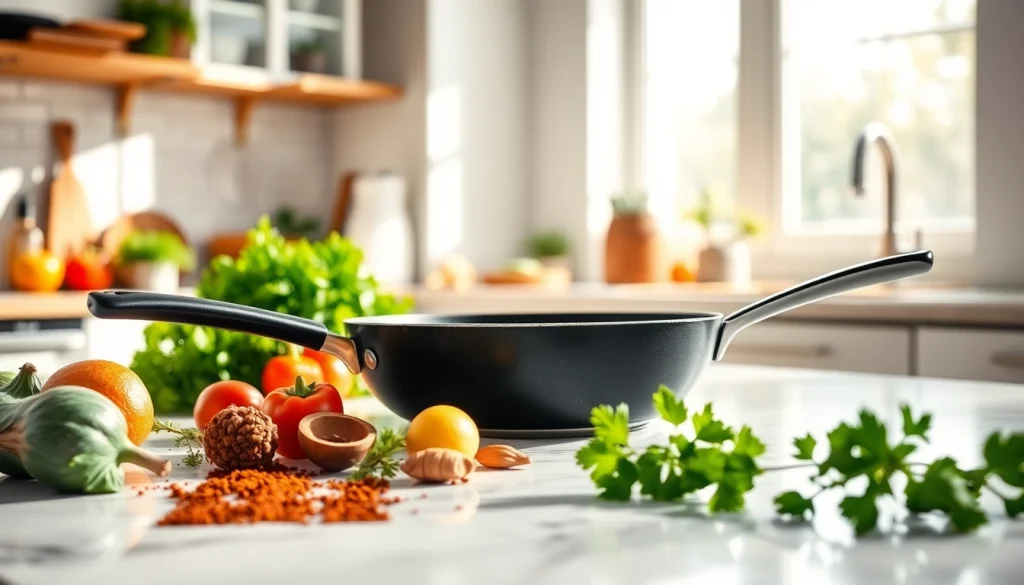 Cooking with a nonstick fry pan NZ, showcasing vibrant ingredients and an inviting kitchen ambiance.
