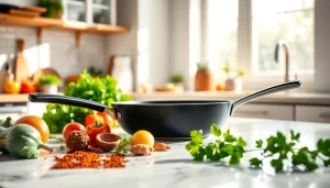 Cooking with a nonstick fry pan NZ, showcasing vibrant ingredients and an inviting kitchen ambiance.