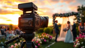 Videographer documenting a sunset wedding ceremony with vibrant colors and warm lighting.