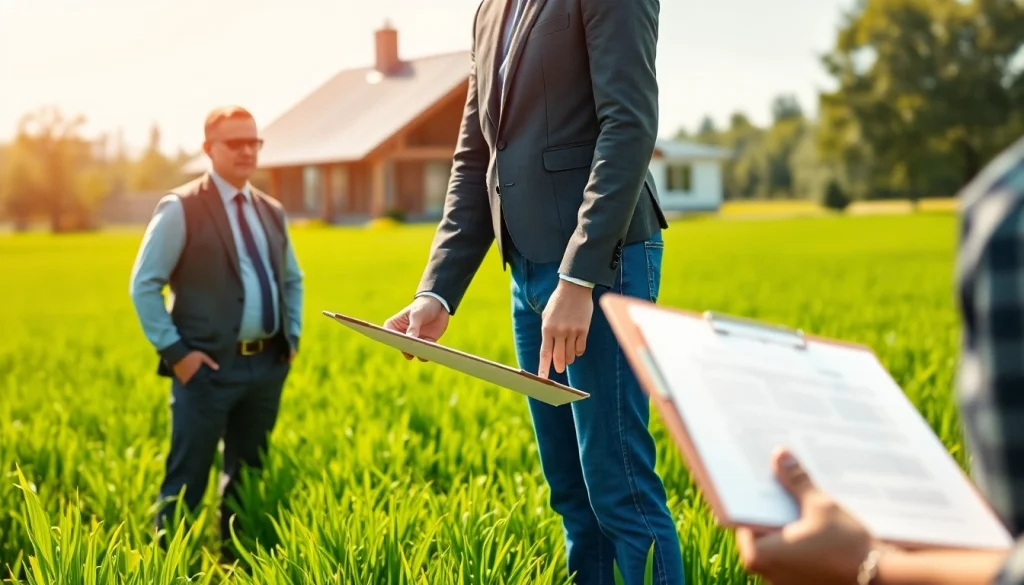 Consulting agriculture lawyer with a farmer on a contract in a lush field.