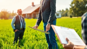 Consulting agriculture lawyer with a farmer on a contract in a lush field.