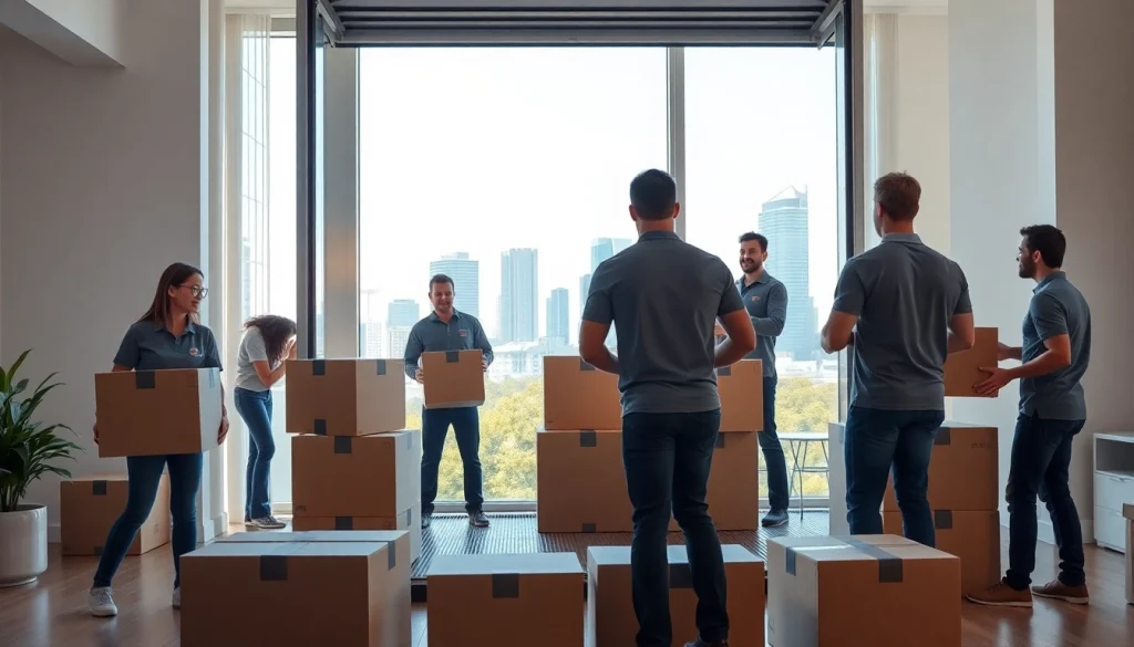 Skilled movers Vancouver efficiently loading boxes into a truck in a bright urban environment.