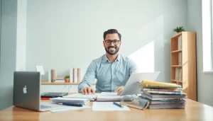 A tradutor juramentado working diligently in a professional office, illustrating trustworthiness and expertise in document translation.