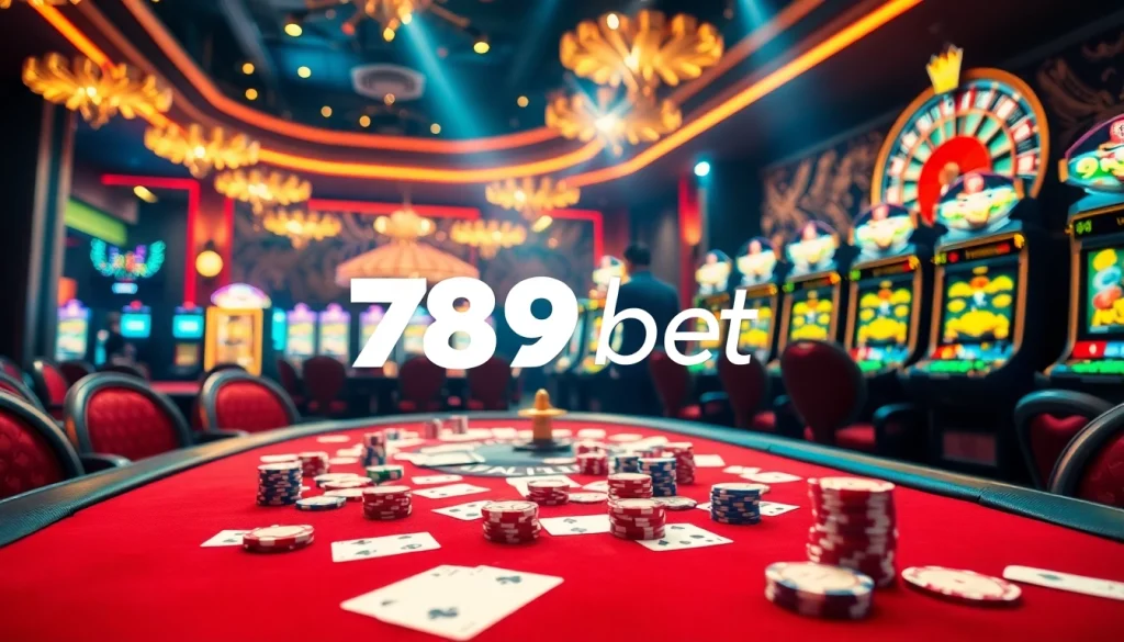 Winning at the poker table with 789bet chips in a glamorous casino setting.
