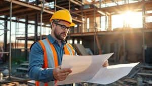 Builder reviewing plans on-site, showcasing the Texas association of builders and construction professionalism.