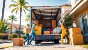 San Diego mover team expertly loading furniture into a moving truck in a sunny neighborhood.
