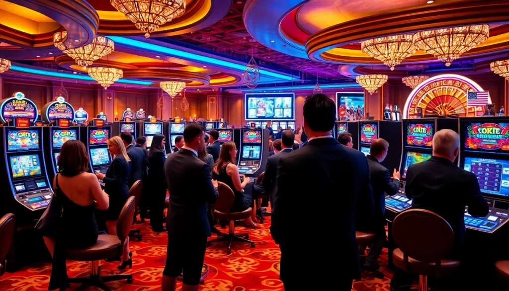Engaged players enjoying their time at a lively 슬롯커뮤니티, surrounded by slot machines and gambling excitement.
