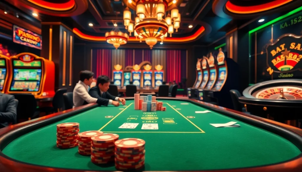 Experience the excitement at Trang chủ S88VIP with a vibrant online casino scene featuring poker tables and slot machines.