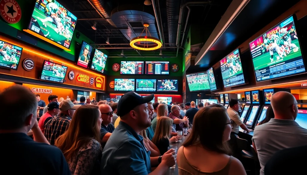 Engaged fans enjoying sports betting in Oklahoma's vibrant sports bar atmosphere.