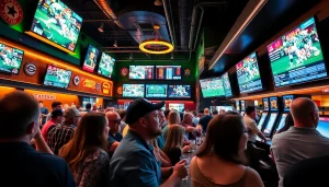 Engaged fans enjoying sports betting in Oklahoma's vibrant sports bar atmosphere.