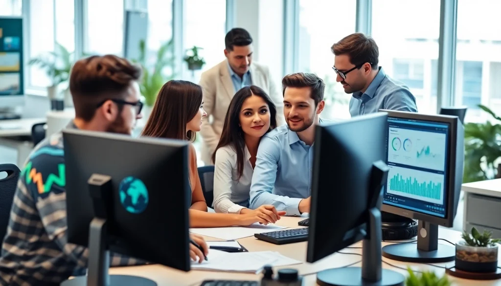 Engaged team conducting competitive intelligence analysis in a dynamic office setting.
