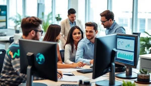 Engaged team conducting competitive intelligence analysis in a dynamic office setting.