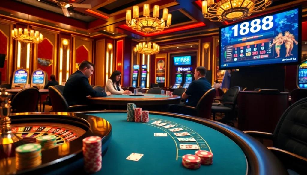 Experience high-stakes gaming at the F168 gaming platform with professional poker tables and vibrant chips.