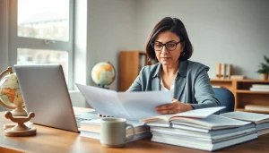 Traducteur espagnol assermenté examinant des documents dans un cadre professionnel