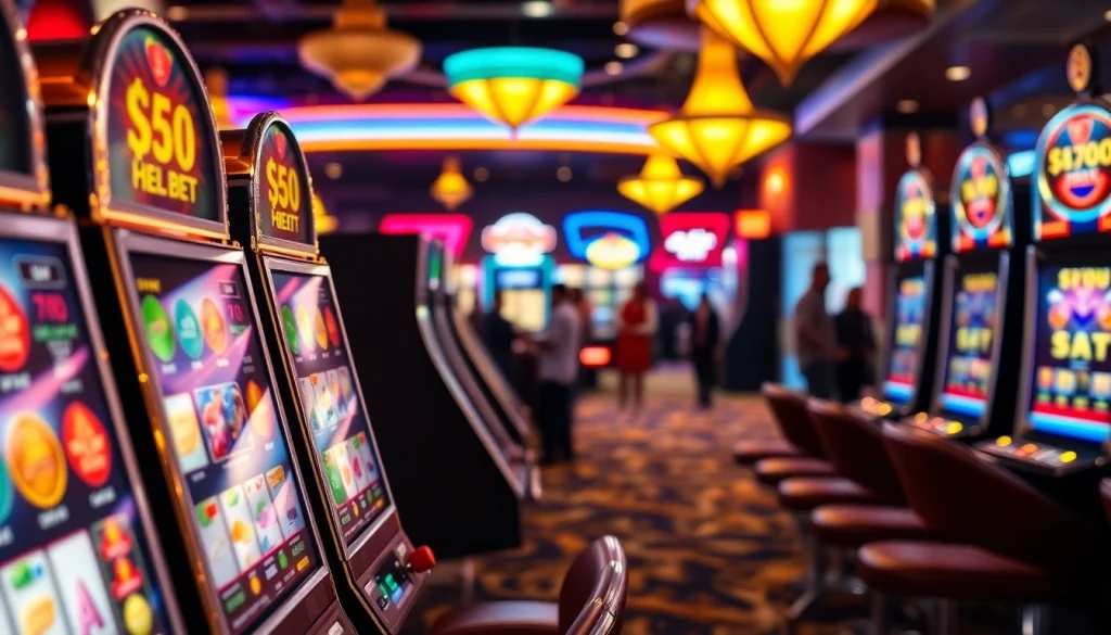 Slot bet 50 menarik perhatian di mesin slot dengan suasana kasino yang cerah.