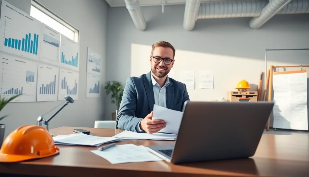 Księgowość dla firmy budowlanej w profesjonalnym biurze, prezentująca narzędzia finansowe i elementy budowlane.