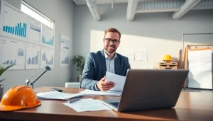 Księgowość dla firmy budowlanej w profesjonalnym biurze, prezentująca narzędzia finansowe i elementy budowlane.