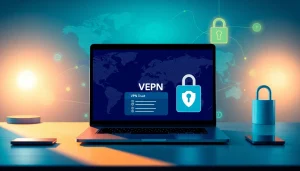 快连官网 high-speed VPN interface on a laptop in a modern workspace with tech graphics.