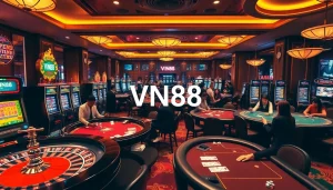Players engaging in thrilling games at VN88 casino, showcasing vibrant tables and slot machines.