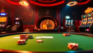 Experience thrilling gaming action at i9bet with an exciting casino scene featuring poker and roulette.