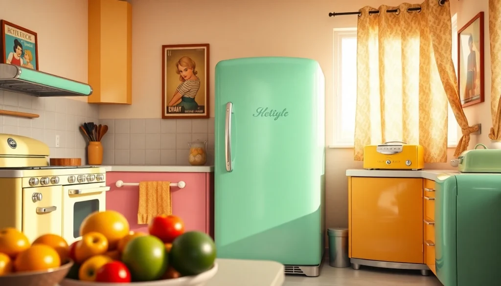 Enhance your kitchen with retro appliances, featuring a mint-green fridge and pastel-colored stove.