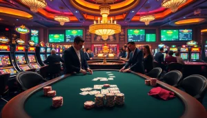 Exciting casino scene at f8bet with lively poker table, roulette, and slot machines.