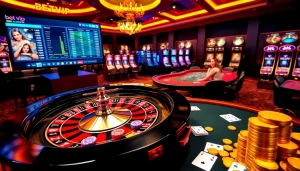Trải nghiệm cảm giác hồi hộp tại Bet VIP với cảnh casino sang trọng gồm bánh xe roulette và các trò chơi poker.