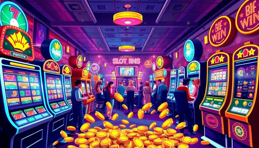 Jelajahi keseruan slot depo 1000 dengan mesin slot berhiaskan cahaya neon dan pemain penuh semangat.