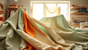 Verken katoenstoffen in een serene textielstudio, omringd door naaibenodigdheden.