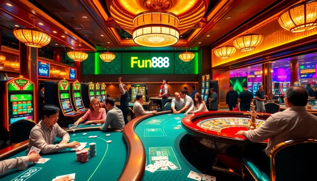 Fun88 players excitedly enjoying various casino games in a luxurious setting.