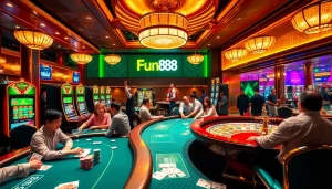 Fun88 players excitedly enjoying various casino games in a luxurious setting.