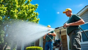 Pressure wash service team cleaning a home in Kissimmee, FL with effective water spray.
