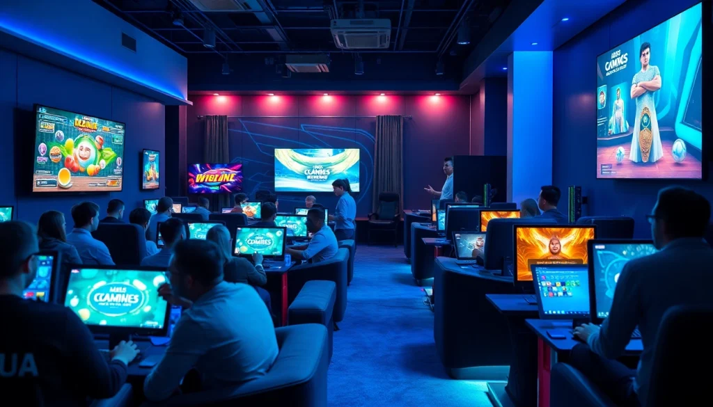 Exciting gaming lounge atmosphere at พอร์ทัลเกม F168 showcasing multiple gaming options and friendly customer support.