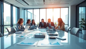 Corporate Tax Services discussion in a modern office with financial documents and a team of professionals.